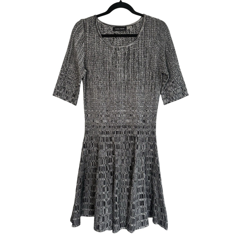 Ivanka Trump Knit Sweater Dress M Fit Flare Circle Marled Gray Black Knee Length - Picture 2 of 12